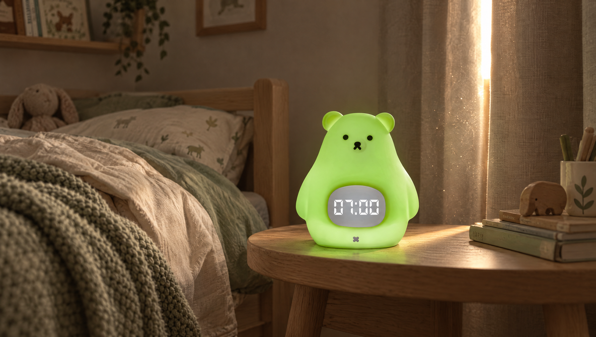 3Babies slaaptrainer in beervorm met groen licht op een nachtkastje in een kinderslaapkamer bij vroeg ochtendlicht