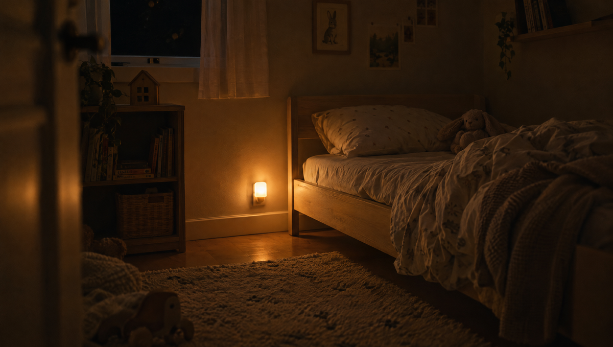 Kinderkamer midden in de nacht met een zacht nachtlampje en opzijgeschoven dekbed