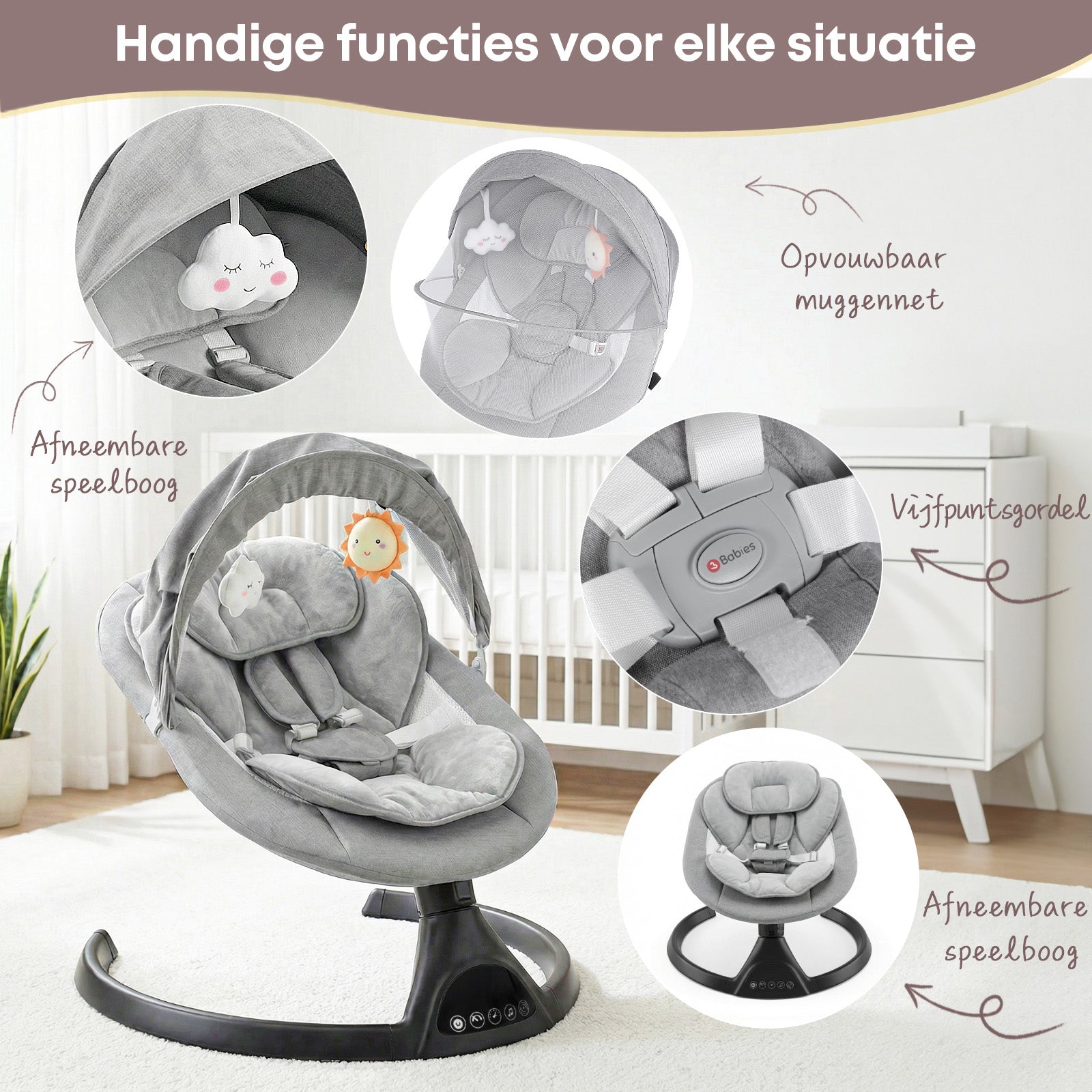 Baby Swing Elektrisch Babyschommel Wipstoel Grijs