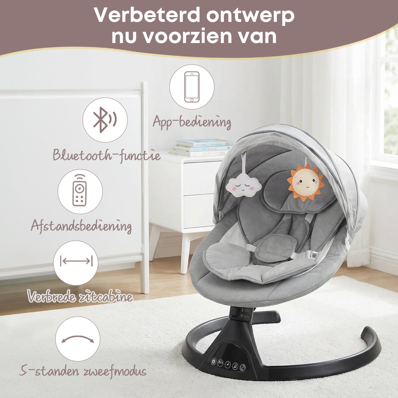 Baby Swing Elektrisch Babyschommel Wipstoel Grijs