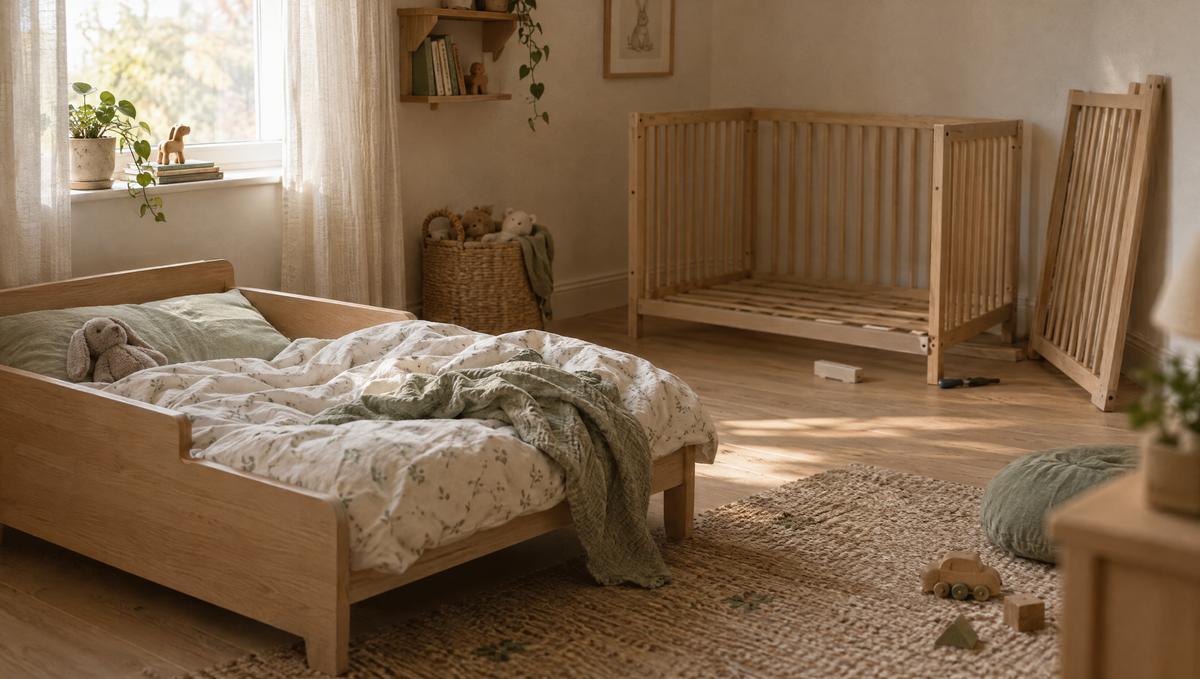 Peuterbed in een kinderkamer met een afgebroken ledikant op de achtergrond