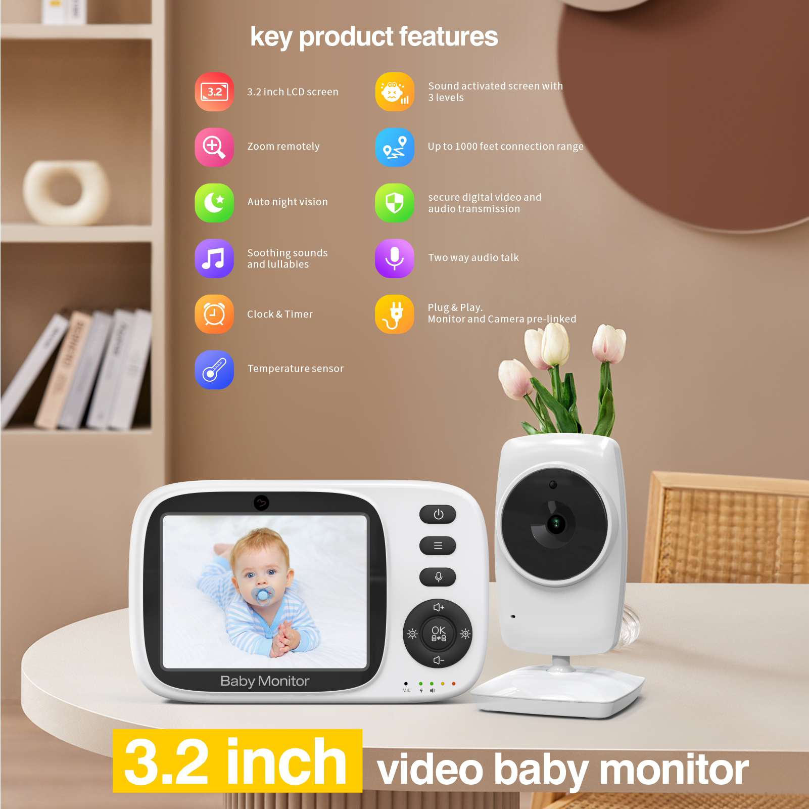 Babyfoon met camera Zonder WiFi 3.2 inch scherm