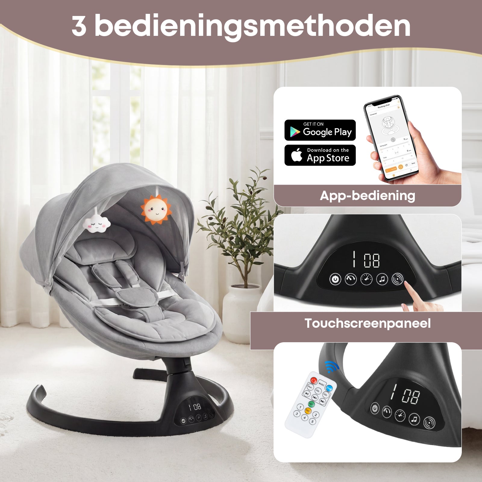 Baby Swing Elektrisch Babyschommel Wipstoel Grijs
